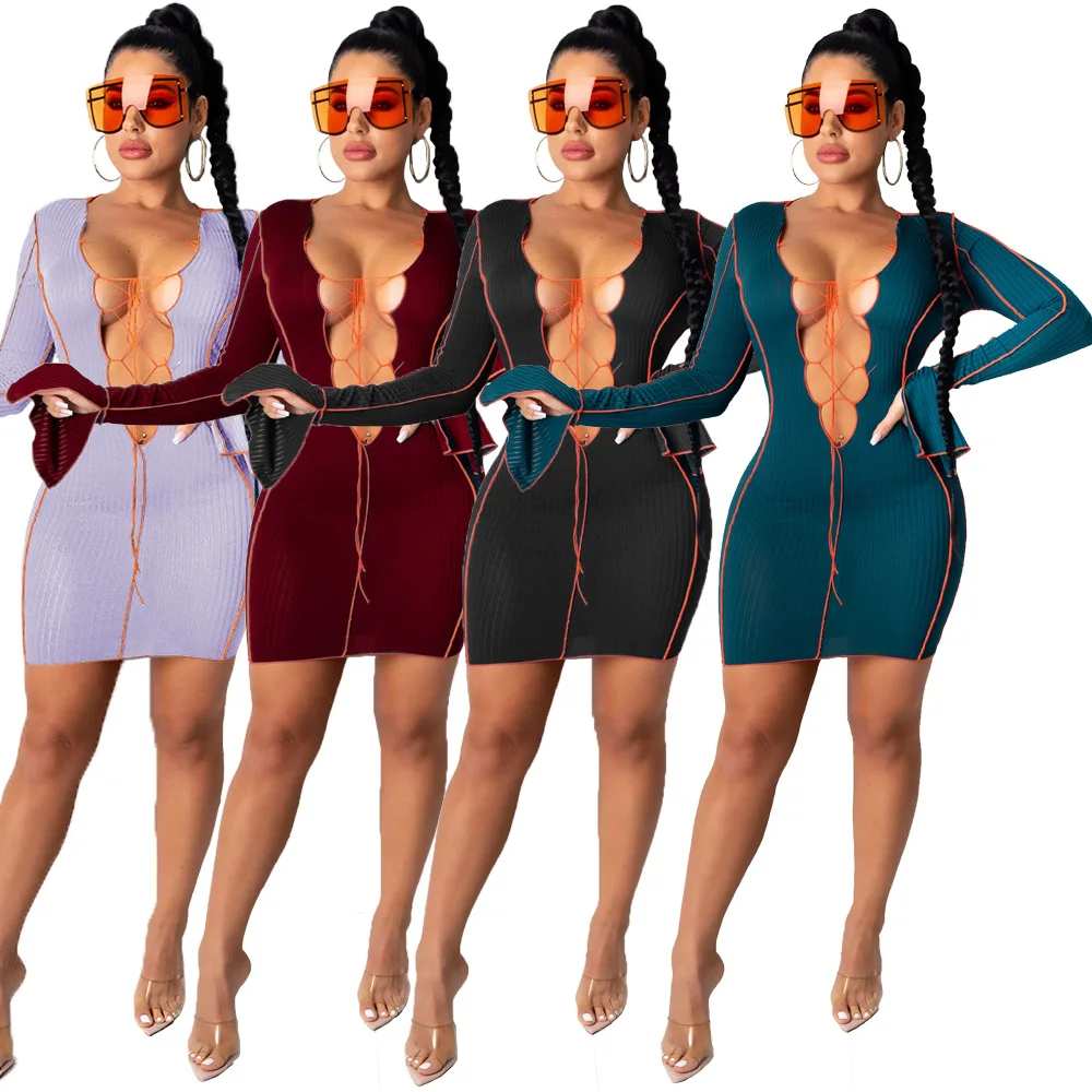 W0031D V neck Bandage String Elastic ladies dress tie-dyed trumpet sleeves dresses sexy tight color line women Pencil skirt 
W0031D V neck Bandage String Elastic ladies dress tie-dyed trumpet sleeves dresses sexy tight color line women Pencil skirt