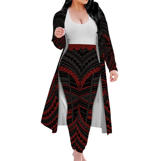 High quality Fashion Polynesian Clothing Print 2 pcs Set Black Red Tribal Coconut House Print Women Pants Coat Outfits, Customized color
High quality Fashion Polynesian Clothing Print 2 pcs Set Black Red Tribal Coconut House Print Women Pants Coat Outfits, Customized color