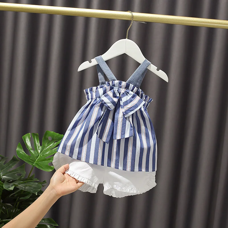 B20058A 2021 summer kids clothes lovely baby girls striped tops and shorts 2 piece outfit, Shown
