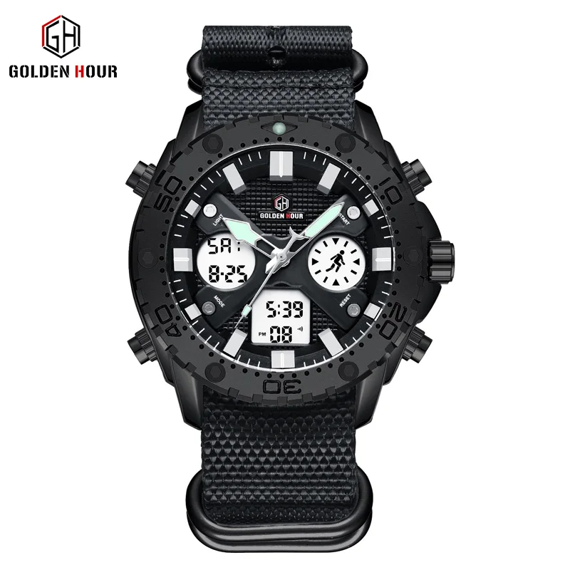 GOLDEN HOUR 122 fashion black man quartz watch clear Nylon band double display Multi function Simple casual watch set
GOLDEN HOUR 122 fashion black man quartz watch clear Nylon band double display Multi function Simple casual watch set