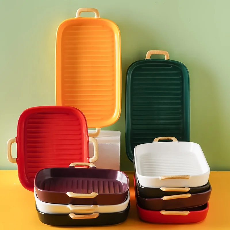 Nordic INS Creative Food Plate Double Ears Striped Breakfast Dessert Plate Square Steak Plate Ceramic Bakeware With Handle, As pictures
Nordic INS Creative Food Plate Double Ears Striped Breakfast Dessert Plate Square Steak Plate Ceramic Bakeware With Handle, As pictures