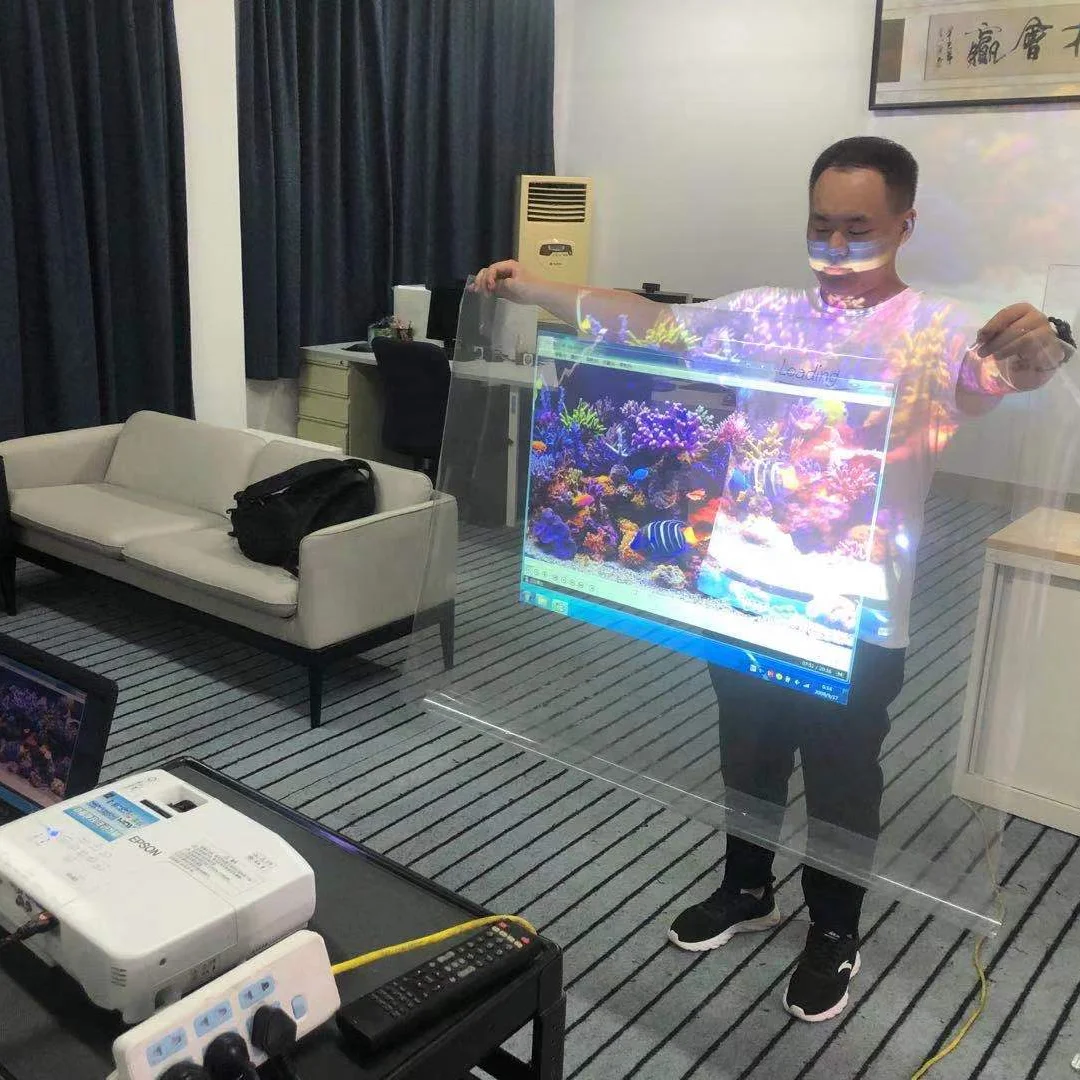 Rear type 85% super transparent self-adhesive holographic projection film is used in glass Windows
Rear type 85% super transparent self-adhesive holographic projection film is used in glass Windows