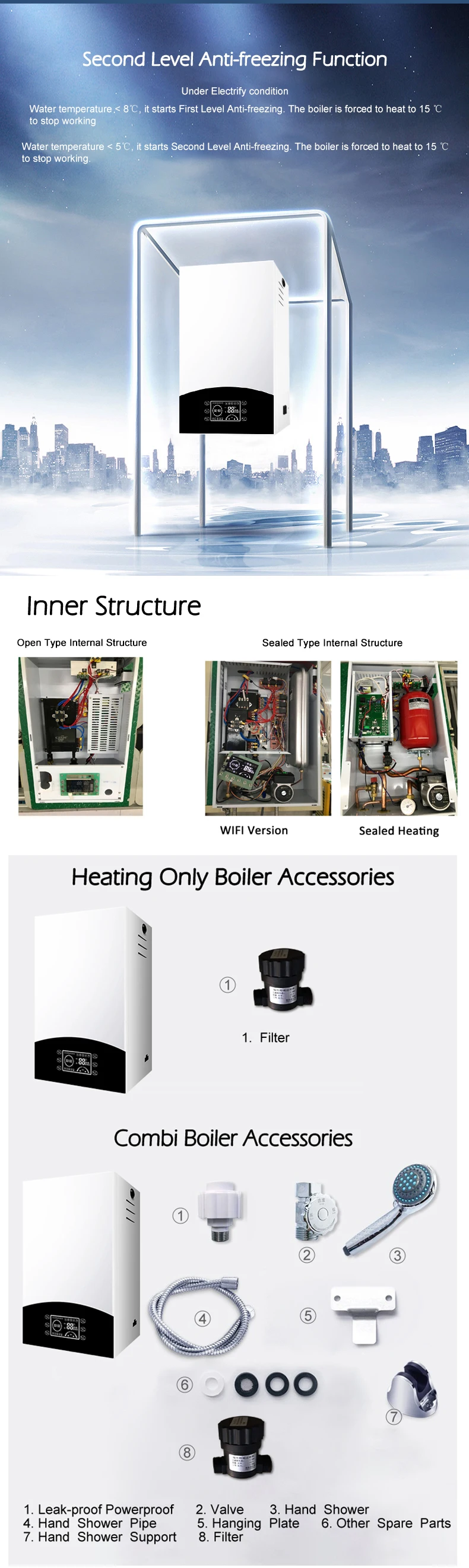 10KW OFS-AQS-S-S Wall mounted Hot Electric Water underfloor Heating Boiler with CE certificated