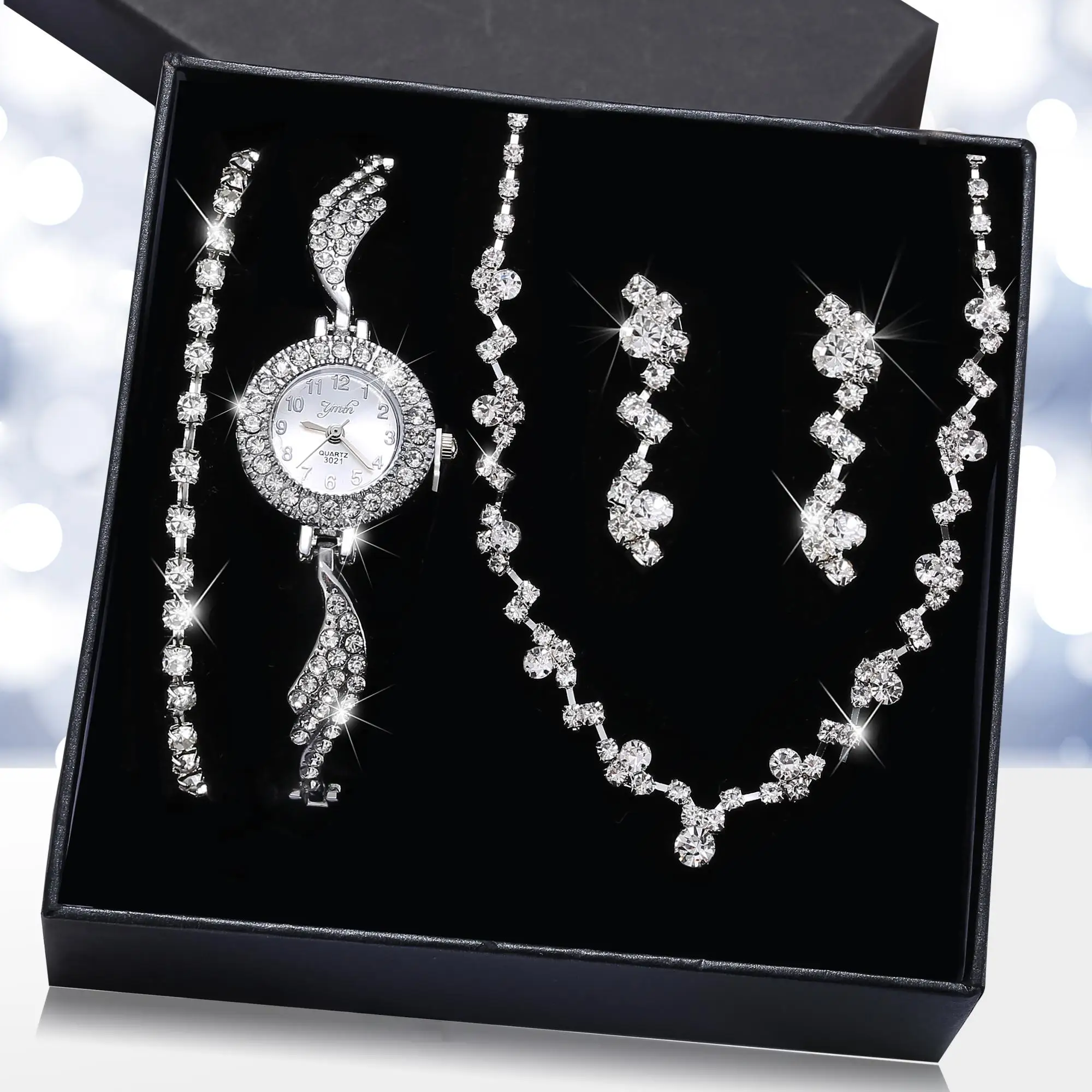 Fashion Luxury Full Crystal 5 Pcs Watch Set Diamond Necklace Earrings set Jewelry for Women Gift 2021, Gold plated
Fashion Luxury Full Crystal 5 Pcs Watch Set Diamond Necklace Earrings set Jewelry for Women Gift 2021, Gold plated