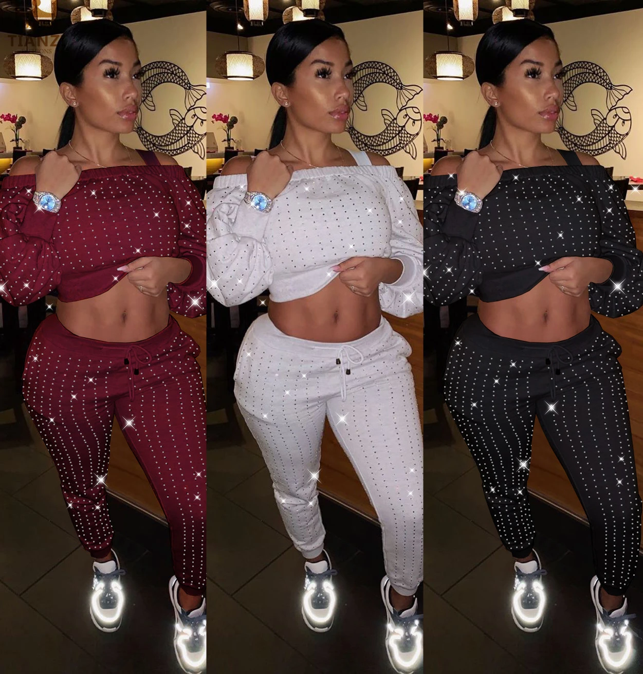 M5147 - women casual fashion pants and long sleeves top 2 piece set with rhinestone
M5147 - women casual fashion pants and long sleeves top 2 piece set with rhinestone