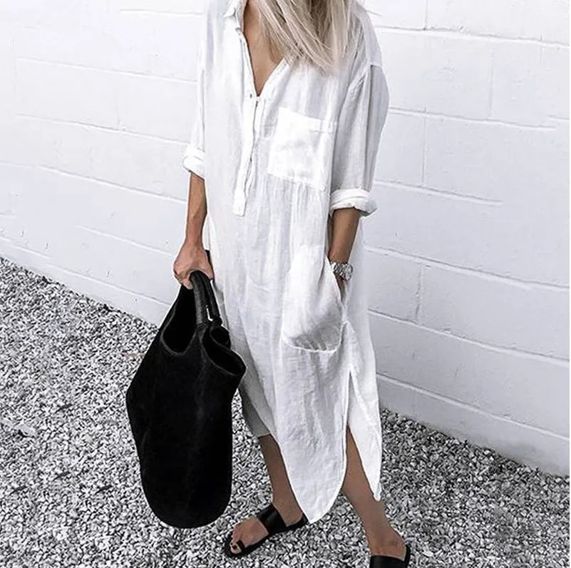 2021 Women Lapel Long Sleeve Autumn Shirt Dress Cotton Split Dresses Elegant Solid Work Office Vestidos Female Tunic Robe, As show
2021 Women Lapel Long Sleeve Autumn Shirt Dress Cotton Split Dresses Elegant Solid Work Office Vestidos Female Tunic Robe, As show