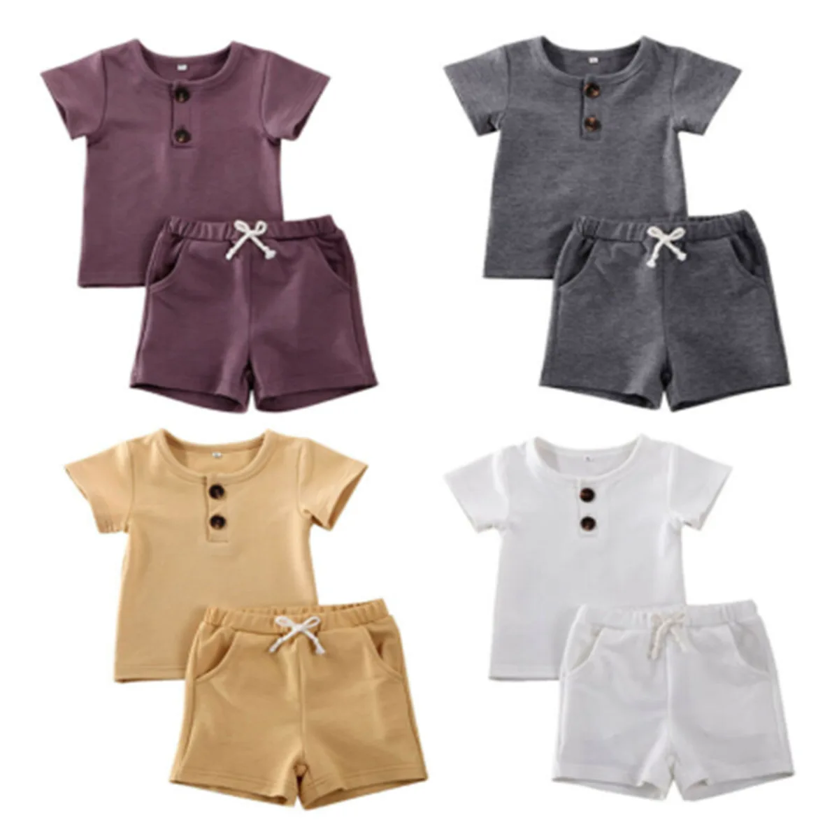 Pure color Infant children baby boy clothing suit short-sleeved T-shirt top short pants baby clothes set, White/brown/gray/purple
Pure color Infant children baby boy clothing suit short-sleeved T-shirt top short pants baby clothes set, White/brown/gray/purple