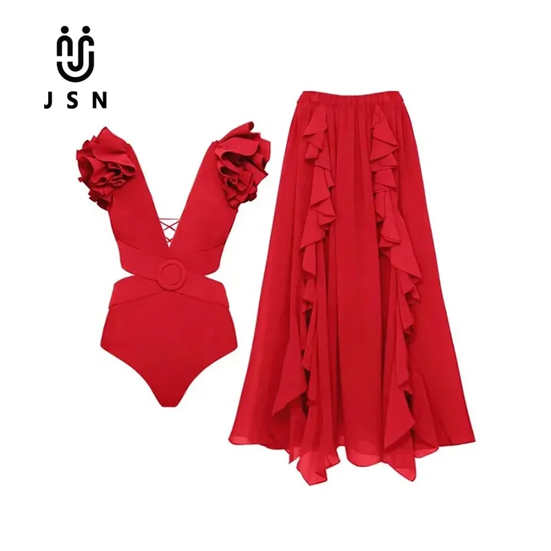 

JSN Custom Luxury Swimwear&beachwear Ruffled Straps Design Swimsuit Women Swimwear Cover up Skirt Bikini Digital Print Adults