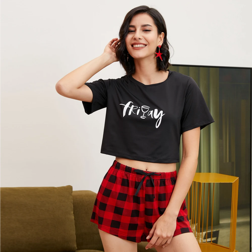 Summer Pajamas Set Women Comfortable polyester printing casualPajamas Short Sleeve Tops Ladies Pj Set short sexy cute loungewear, Black& red
Summer Pajamas Set Women Comfortable polyester printing casualPajamas Short Sleeve Tops Ladies Pj Set short sexy cute loungewear, Black& red