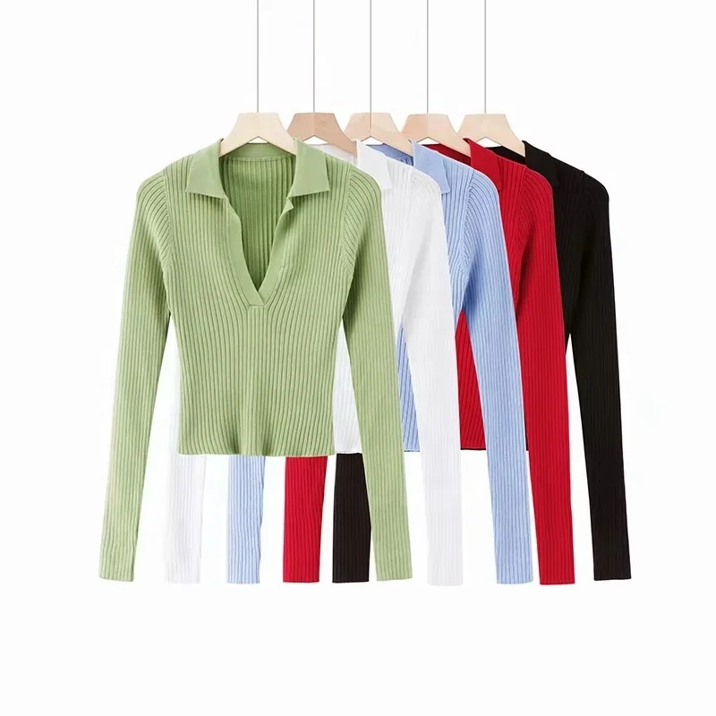 B64145A 2021 autumn new long sleeves slim body short bottom knit V-neck solid color T shirt, Black/white/red/green/blue
B64145A 2021 autumn new long sleeves slim body short bottom knit V-neck solid color T shirt, Black/white/red/green/blue