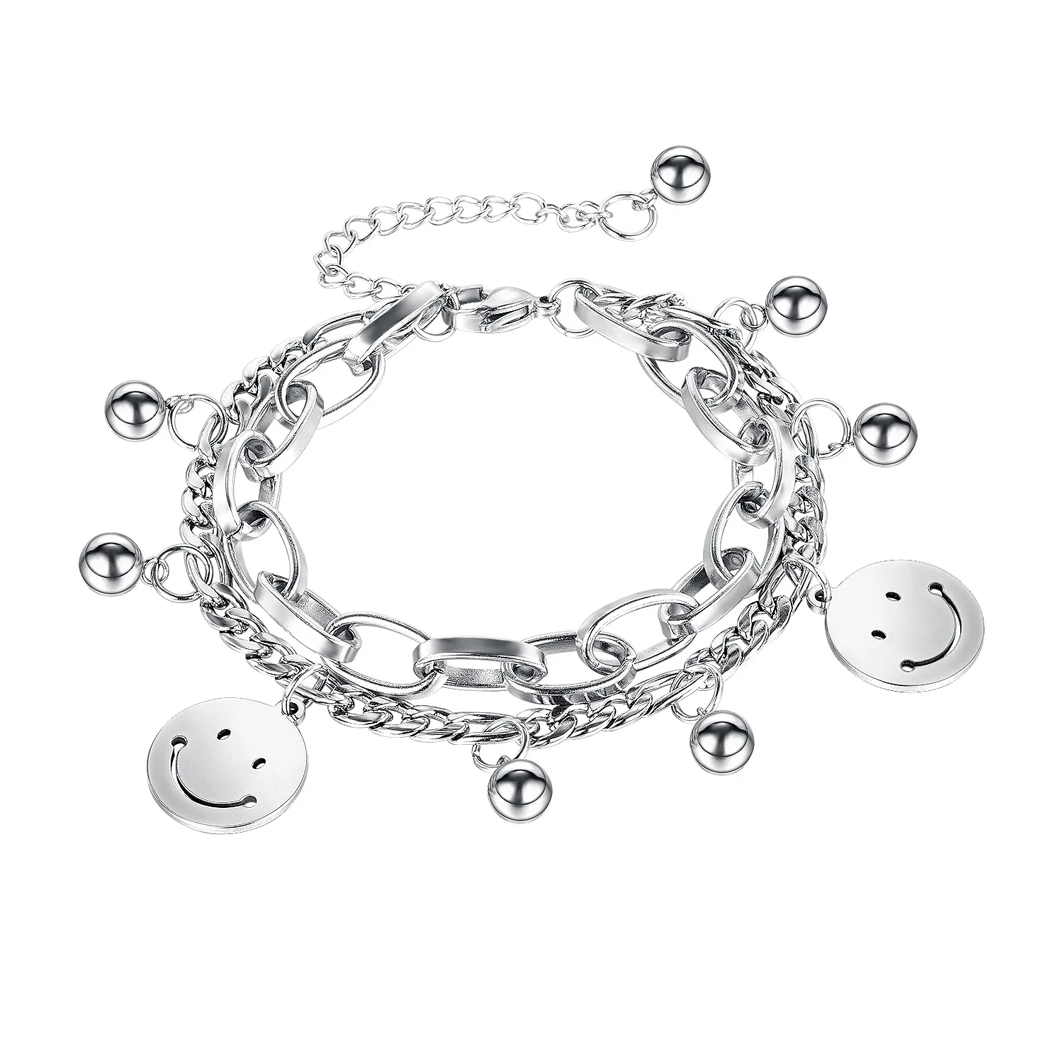 

Double Layered Titanium Steel Charm Bracelet for Women Unisex Beads Smile Coin Linked Chain Bracelet (KSS306), Same as the picture