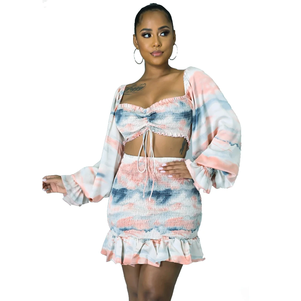 Women's Skirts Sets Summer 2021 New Arrivals Tie Dye Print Lantern Sleeve Sexy Bandage Pleated 2 Piece Sets Short Sets For Women, Picture
Women's Skirts Sets Summer 2021 New Arrivals Tie Dye Print Lantern Sleeve Sexy Bandage Pleated 2 Piece Sets Short Sets For Women, Picture