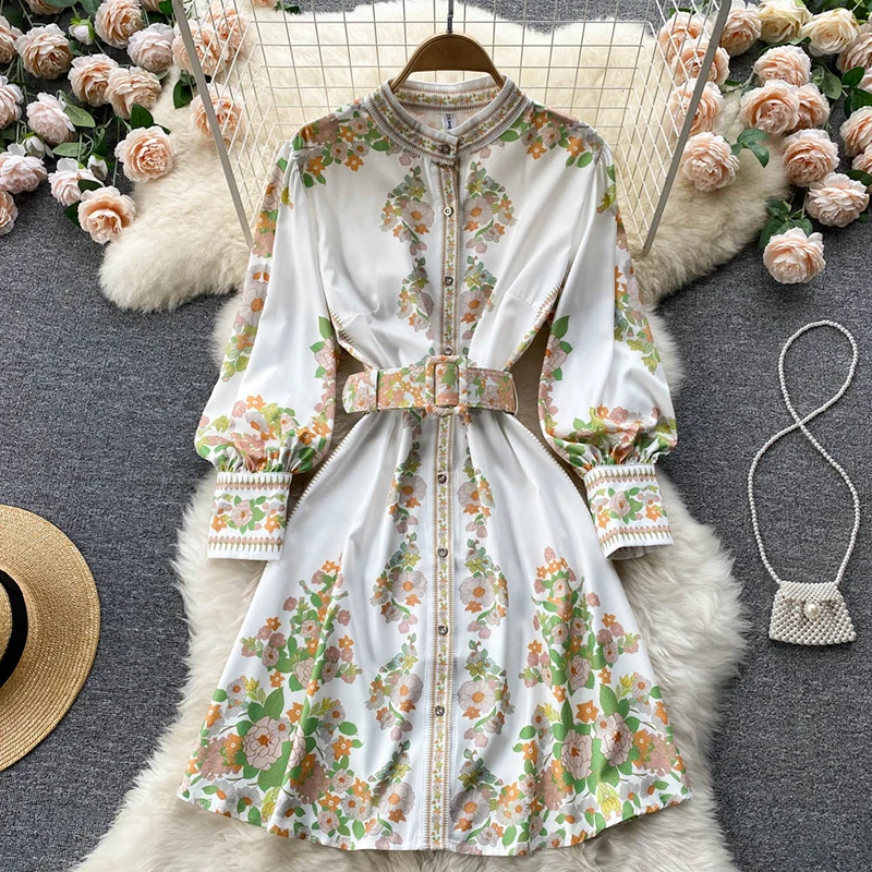 Elegant Stand Collar Single Breasted Lantern Sleeve Floral Shirtwaist Dress Women Luxury Party Tea Dresses Ladies, White
Elegant Stand Collar Single Breasted Lantern Sleeve Floral Shirtwaist Dress Women Luxury Party Tea Dresses Ladies, White