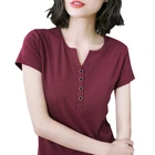 Wholesale summer Women Short Sleeve Deep V Neck with Button t-shirt