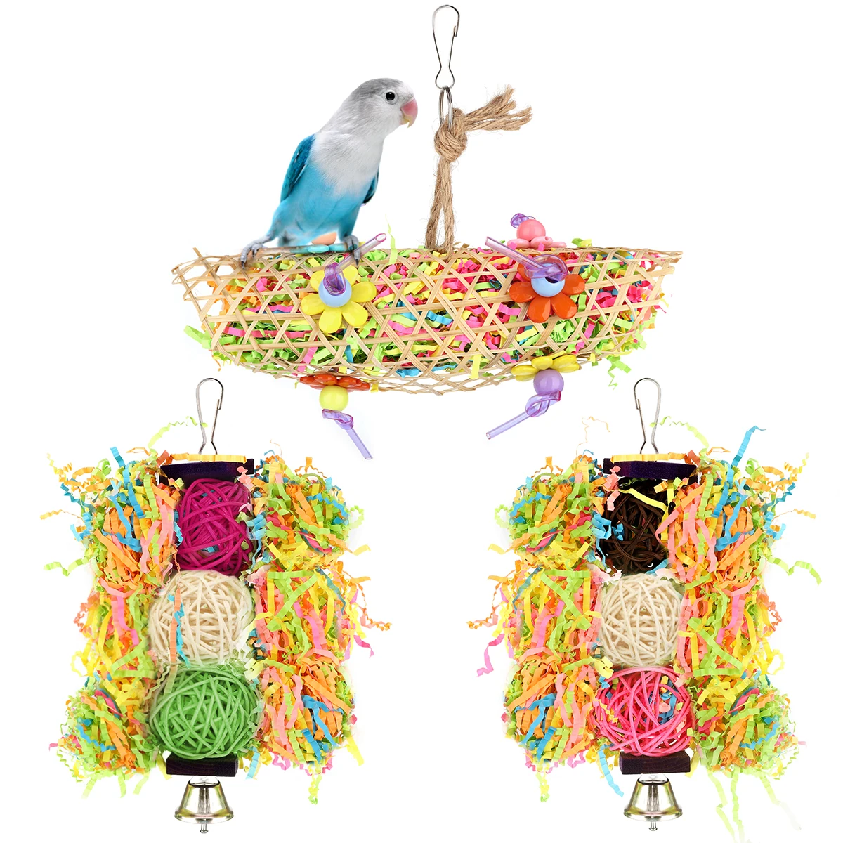 Set of 3 Packs Bird Toys with crinkly paper, tinkle bells, hanging clasp rattan ball & decorative flowers for Small Bird Chewing, Colorful
Set of 3 Packs Bird Toys with crinkly paper, tinkle bells, hanging clasp rattan ball & decorative flowers for Small Bird Chewing, Colorful