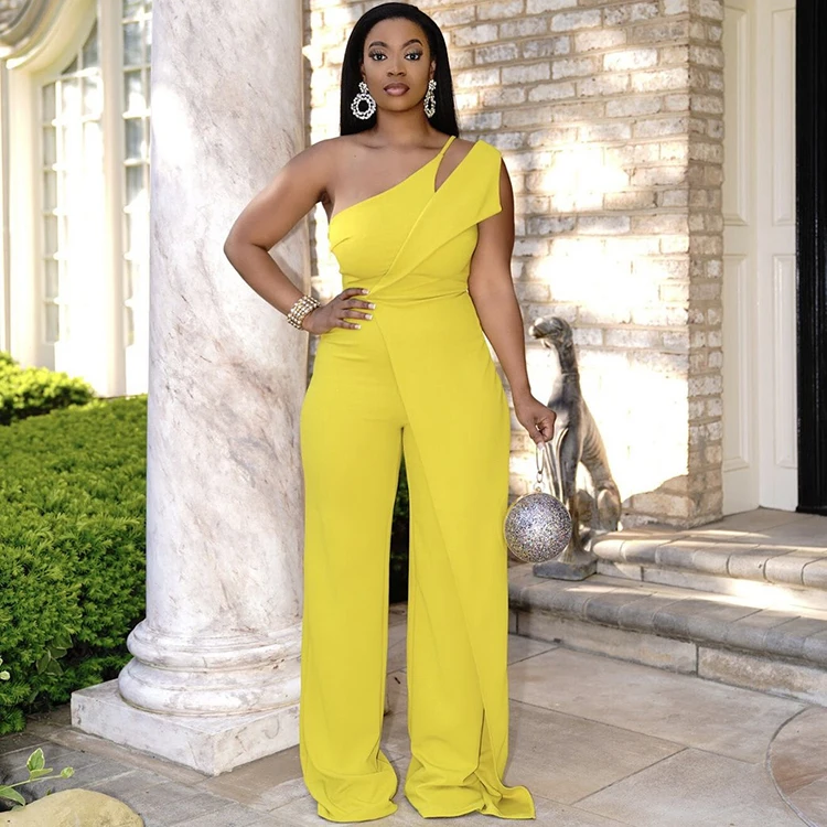 2021 Women Solid Yellow Backless Sleeveless Jumpsuit Wide Legs Sleeveless Inclined One Shoulder Jumpsuits
2021 Women Solid Yellow Backless Sleeveless Jumpsuit Wide Legs Sleeveless Inclined One Shoulder Jumpsuits