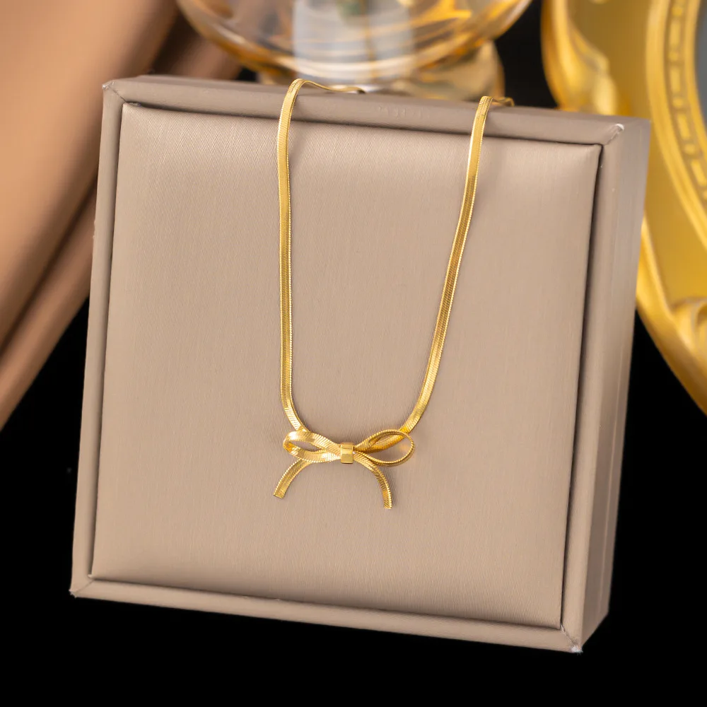 Sweet Necklace Stainless Steel Gold Plated Thin Bow Tie Ribbon Bow Snake Bone Choker Necklace
Sweet Necklace Stainless Steel Gold Plated Thin Bow Tie Ribbon Bow Snake Bone Choker Necklace