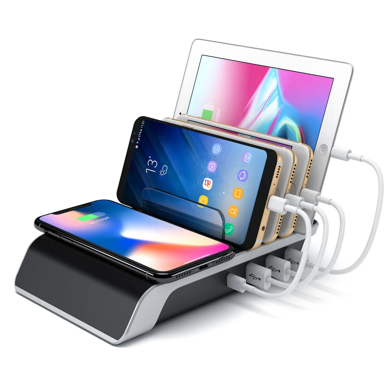 Desktop Wireless Charging Station 5 in 1 Multiple Charger Organizer Stand with 4 USB Ports Suitable for iPhone for iPad Charging, Black
Desktop Wireless Charging Station 5 in 1 Multiple Charger Organizer Stand with 4 USB Ports Suitable for iPhone for iPad Charging, Black