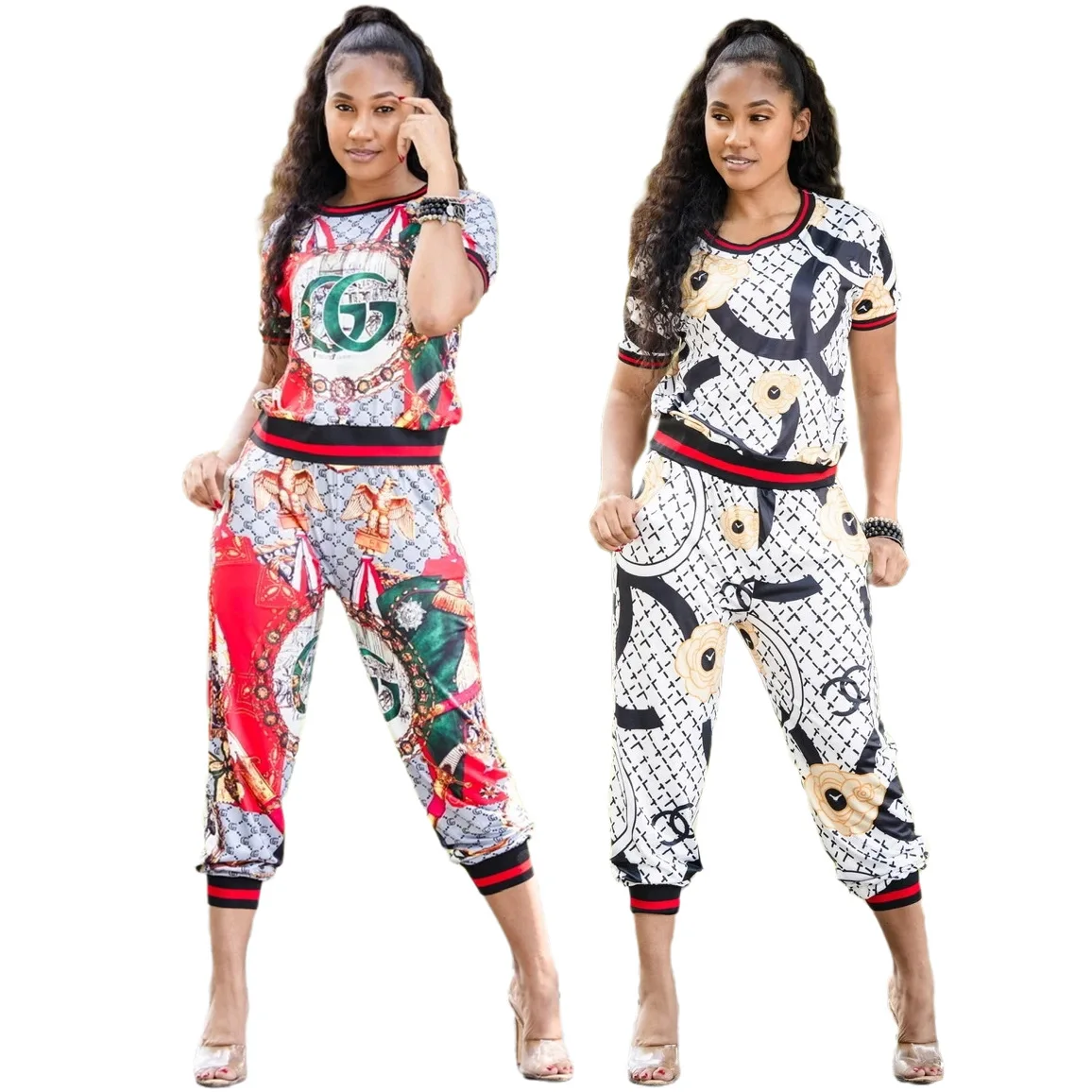 Digital Printing Short Sleeve Tracksuit Crew Neck Straight Long Pants Outfits Mid Waist Sexy Elasticity Casual Two Piece Sets, Shown
Digital Printing Short Sleeve Tracksuit Crew Neck Straight Long Pants Outfits Mid Waist Sexy Elasticity Casual Two Piece Sets, Shown