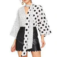 

New Design polka dot printed v-neck flare sleeves asymmetrical models chiffon silk blouses women top clothes