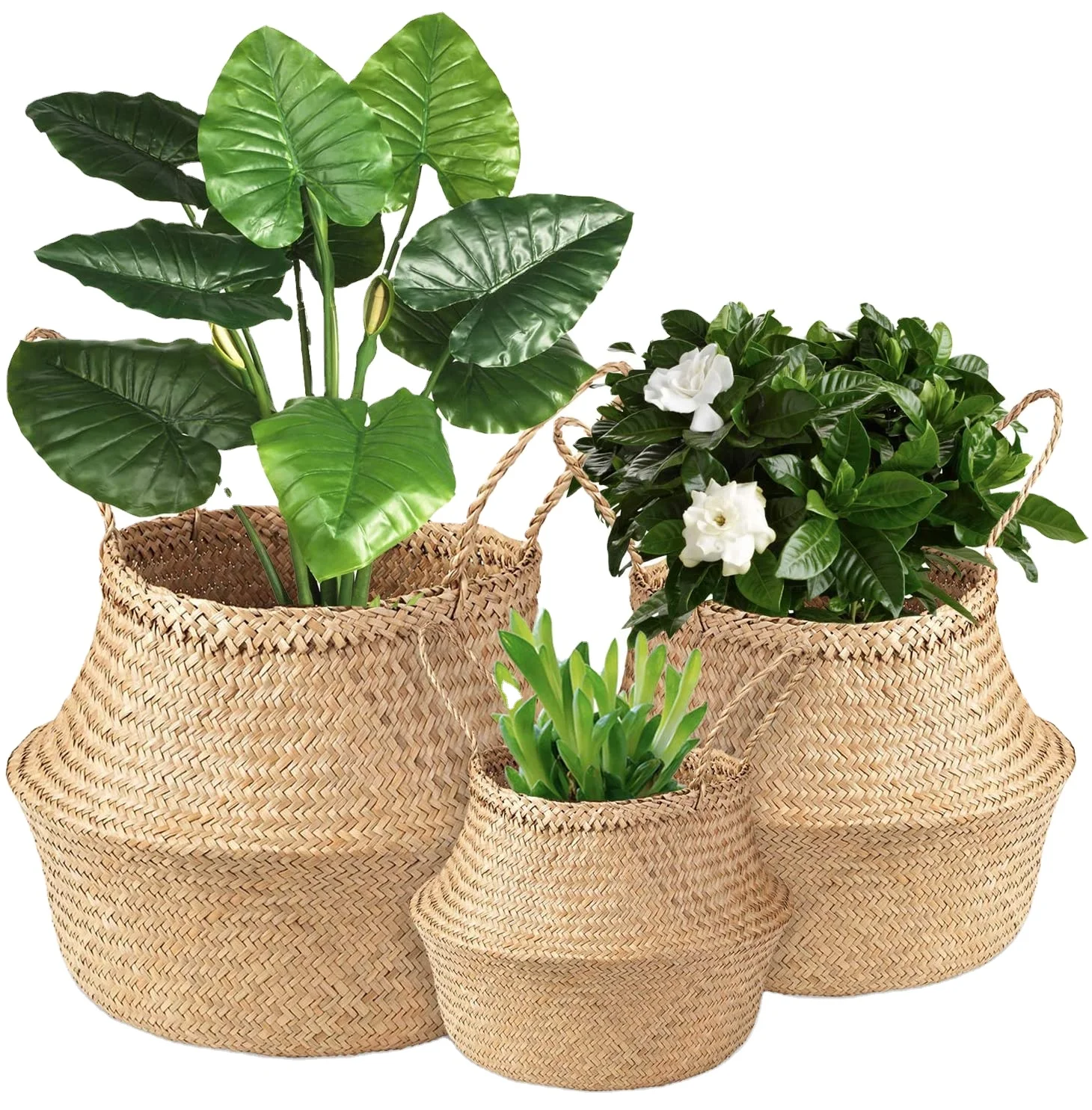 

Foldable Woven Seagrass Plant Basket with Handles Ideal for Storage Plant Pot Basket Laundry Picnic Plant Pot Cover Beach Bag, Natural