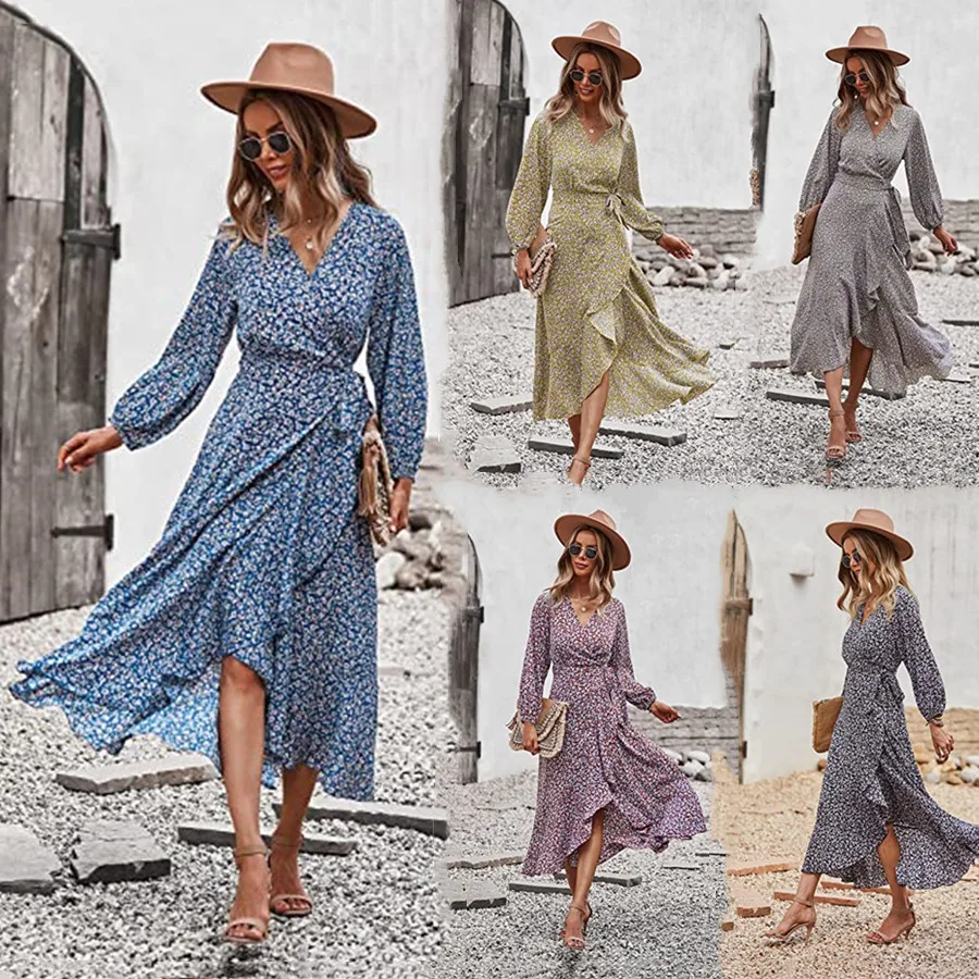 2021 autumn and winter floral dress wrap chest strap large swing skirt leisure elegant casual dresses vacation style, Picture color
2021 autumn and winter floral dress wrap chest strap large swing skirt leisure elegant casual dresses vacation style, Picture color