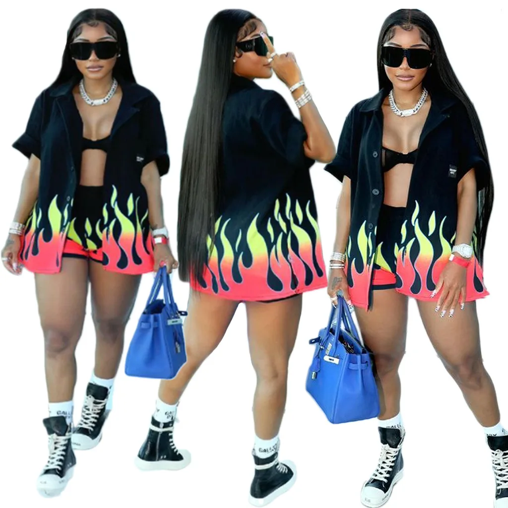 Latest Design Club Cool Flame Printed Button Shirt Tops Shorts African Clothing For Women Summer 2 Two Piece Shorts Sets
Latest Design Club Cool Flame Printed Button Shirt Tops Shorts African Clothing For Women Summer 2 Two Piece Shorts Sets