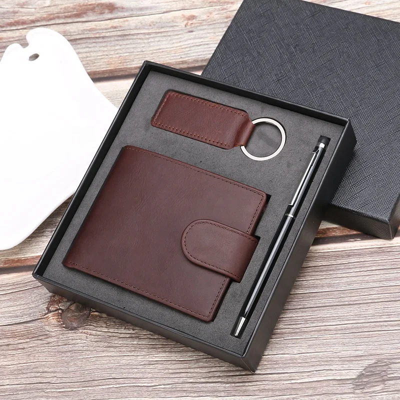 

High quality low MOQ RTS genuine leather wallet set RFID pure custom your own logo gift set