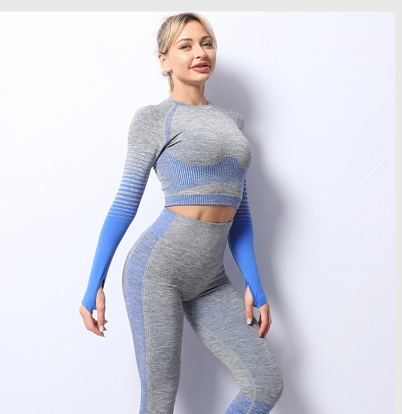 Seamless Women Yoga Set Workout Sportswear Gym Clothing Fitness Long Sleeve Crop Top High Waist Leggings Sports Suits, Blue grey pink light blue
Seamless Women Yoga Set Workout Sportswear Gym Clothing Fitness Long Sleeve Crop Top High Waist Leggings Sports Suits, Blue grey pink light blue