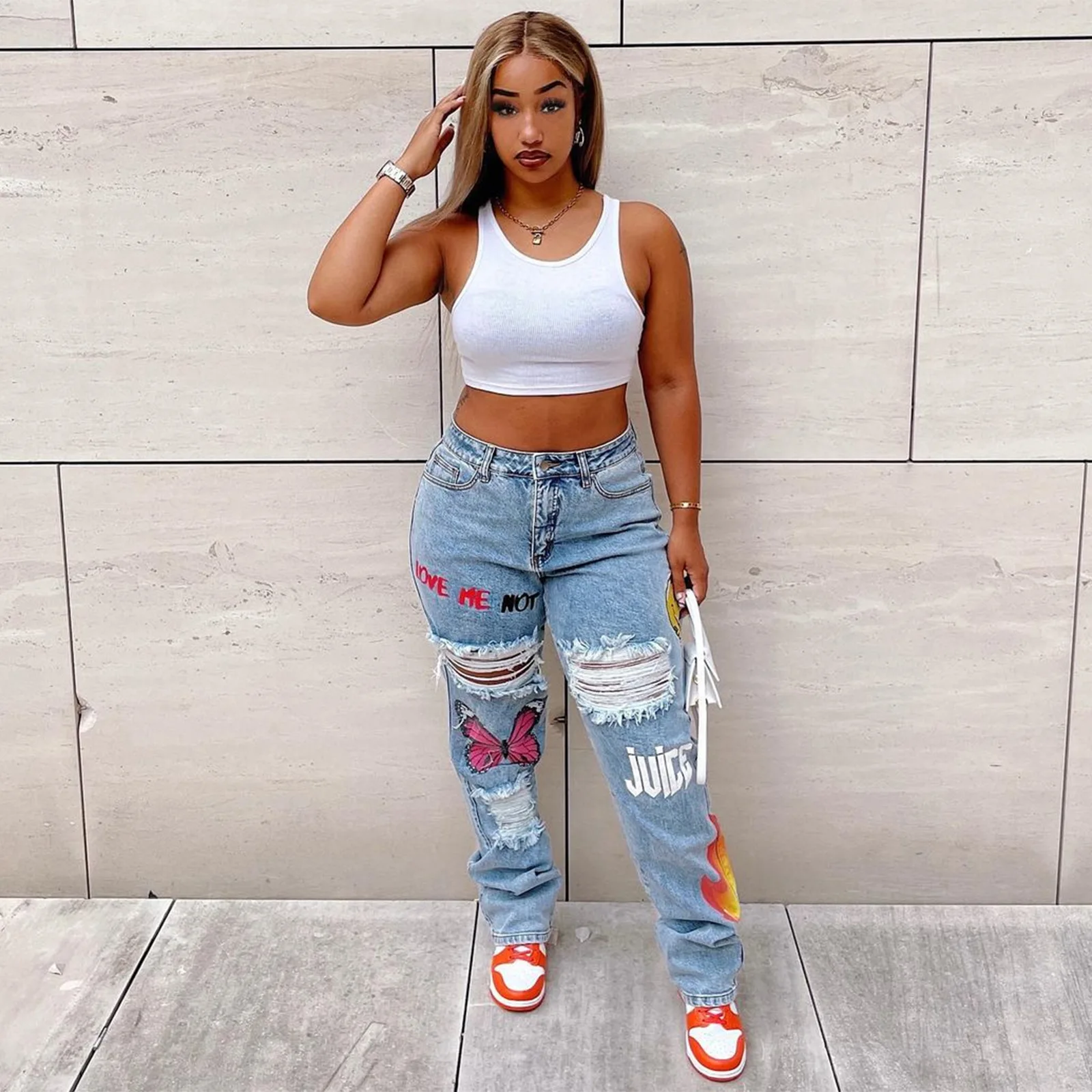 Wholesale Manufacture Woman Boyfriend Denim Pants Butterfly Print Straight Fit Jeans
Wholesale Manufacture Woman Boyfriend Denim Pants Butterfly Print Straight Fit Jeans