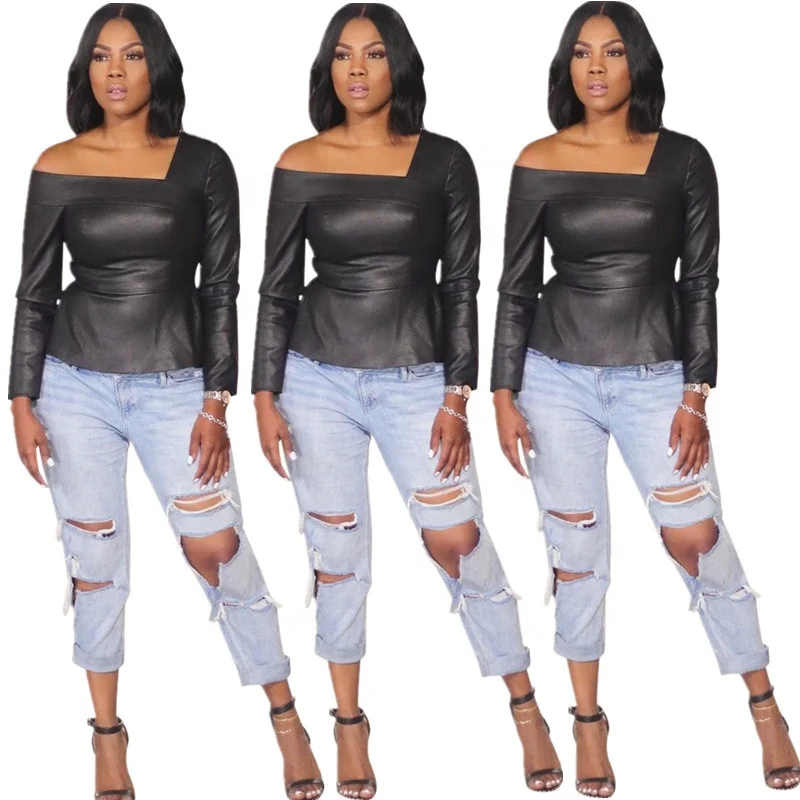 High quality T-shirt blouse casual sexy zipper boat neck bare shoulders collar diagonal PU leather tops women
High quality T-shirt blouse casual sexy zipper boat neck bare shoulders collar diagonal PU leather tops women
