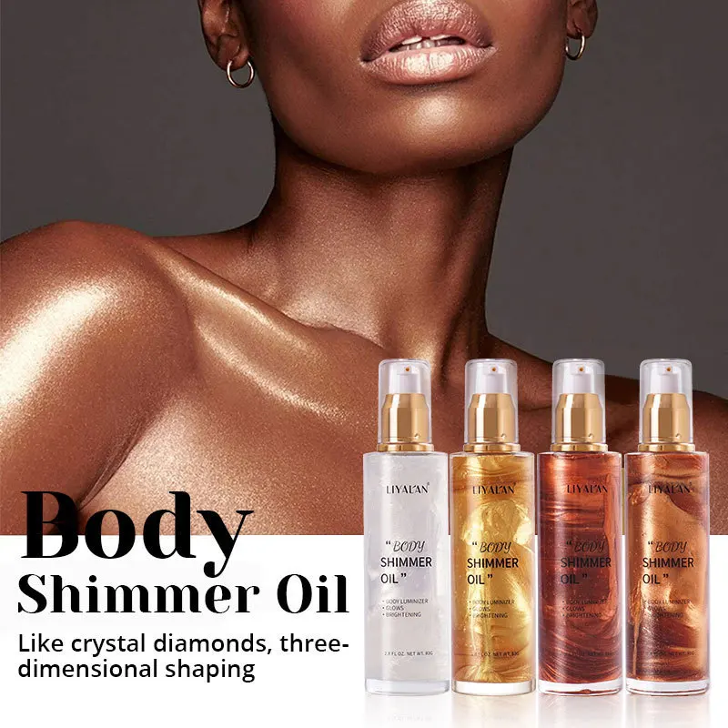 

Wholesale OEM Vegan Waterproof Makeup Pearl White Highlighter Glitter Liquid Bronzer Gold Shine Face Body Taning Shimmer Oil