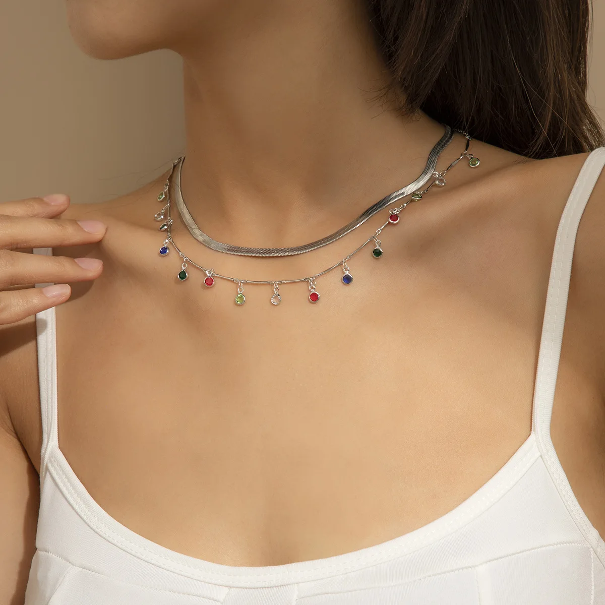 Ins Hot Selling Double Layer Colorful Crystal Beaded Charm Necklace Punk Flat Snake Bone Chain Necklace
Ins Hot Selling Double Layer Colorful Crystal Beaded Charm Necklace Punk Flat Snake Bone Chain Necklace