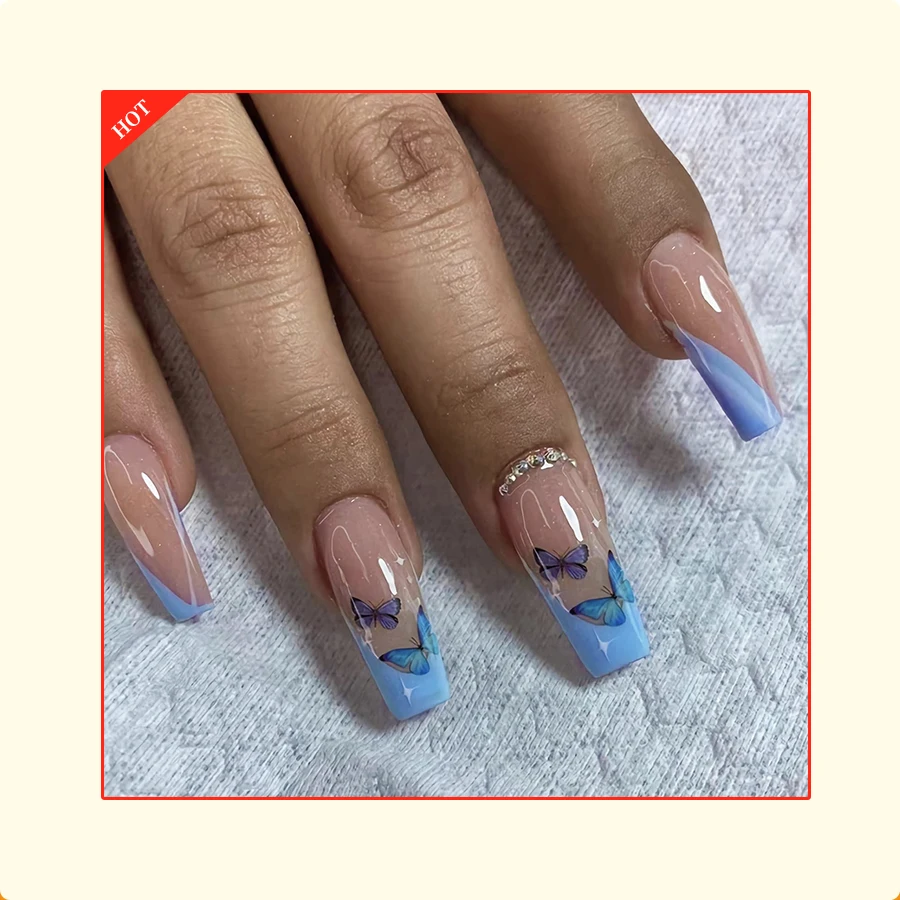 Wholesale customized acrylic elegant style french coffin artificial fingernails with blue butterfly nails art faux ongles
Wholesale customized acrylic elegant style french coffin artificial fingernails with blue butterfly nails art faux ongles