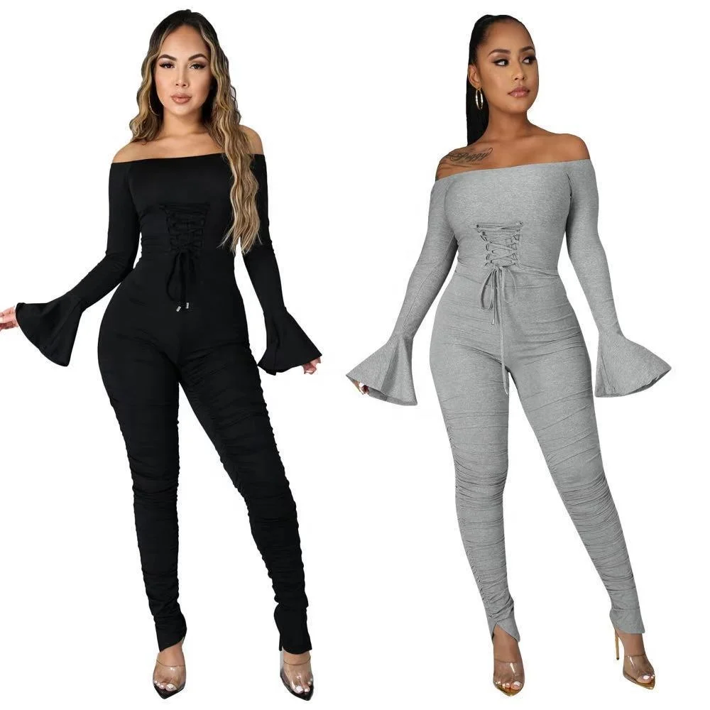 

2021 Women One Piece Jumpsuits And Rompers Latest Design Flare Sleeves Sexy Bandages Lady Wrinkled Sexy Womens Playsuit, Picture