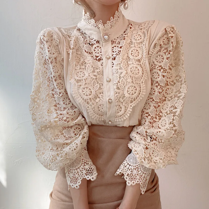 Wholesale Women Elegant Fashion Stand Collar Lantern Sleeve Pearls Button Hollow Out Lace Blouse, Print
Wholesale Women Elegant Fashion Stand Collar Lantern Sleeve Pearls Button Hollow Out Lace Blouse, Print