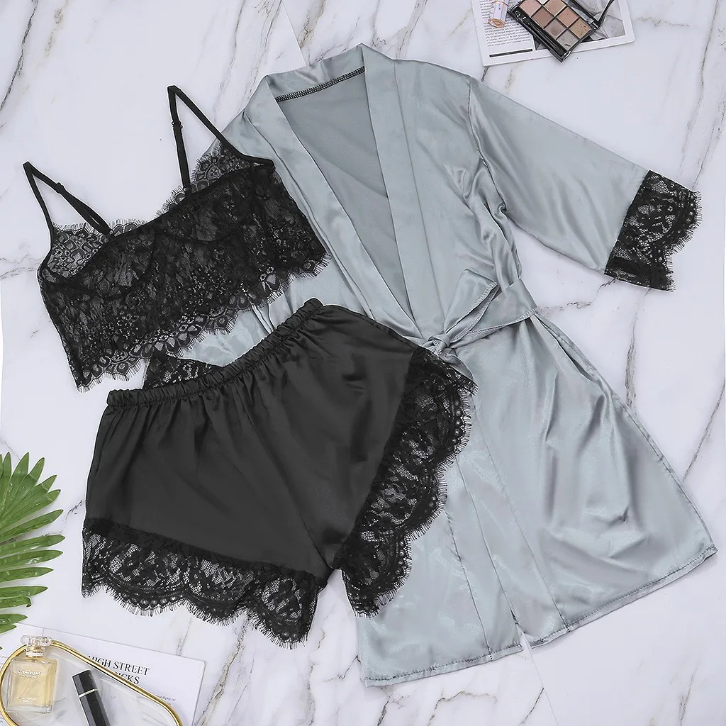 Amazon ebay hot sale 3pcs set pajamas satin robe women women's sleepwear, Gray+black
Amazon ebay hot sale 3pcs set pajamas satin robe women women's sleepwear, Gray+black