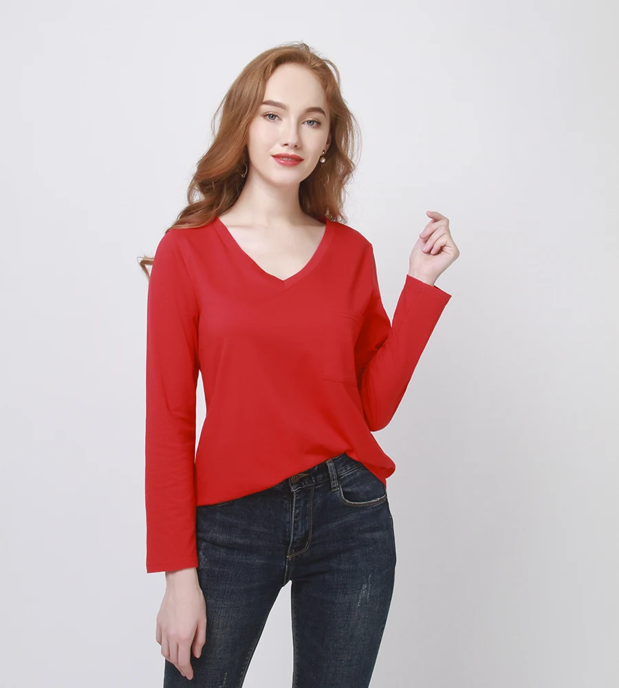 Women's Shirts Long Sleeve Casual V Neck Pocket Decoration Slim fit And Soft