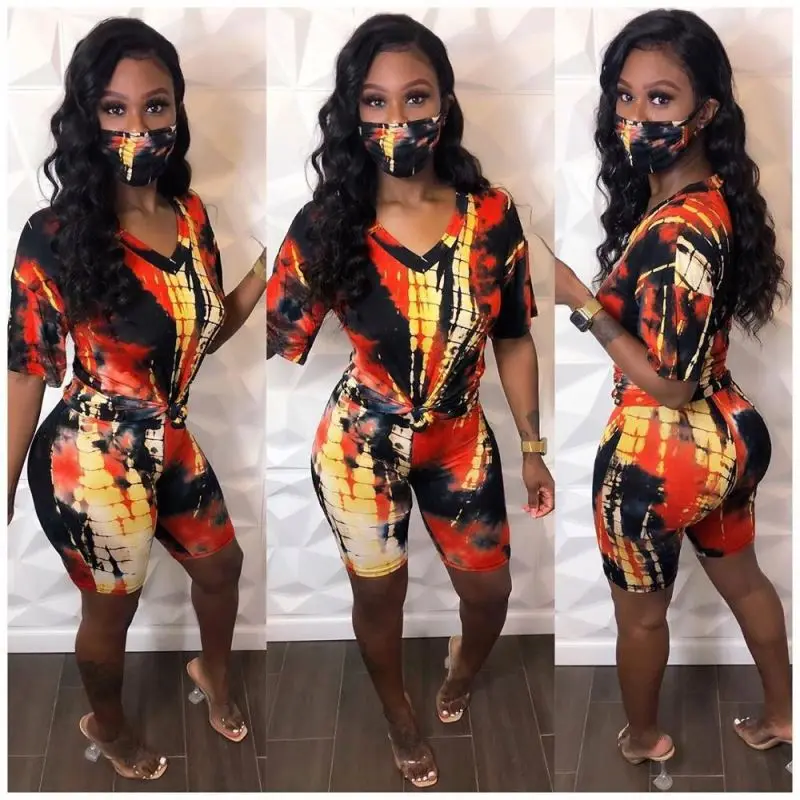 Hot selling Tie dye women suit summer short sleeve t-shirt shorts suit two piece set outfits sports tracksuit with mask
Hot selling Tie dye women suit summer short sleeve t-shirt shorts suit two piece set outfits sports tracksuit with mask