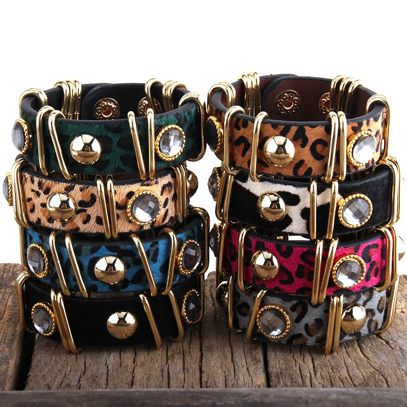 Fashion Boho Leather Armbander Gold color Metal Rectangle Real Leopard Horsetail Leather Bracelets For Women Gift 
Fashion Boho Leather Armbander Gold color Metal Rectangle Real Leopard Horsetail Leather Bracelets For Women Gift