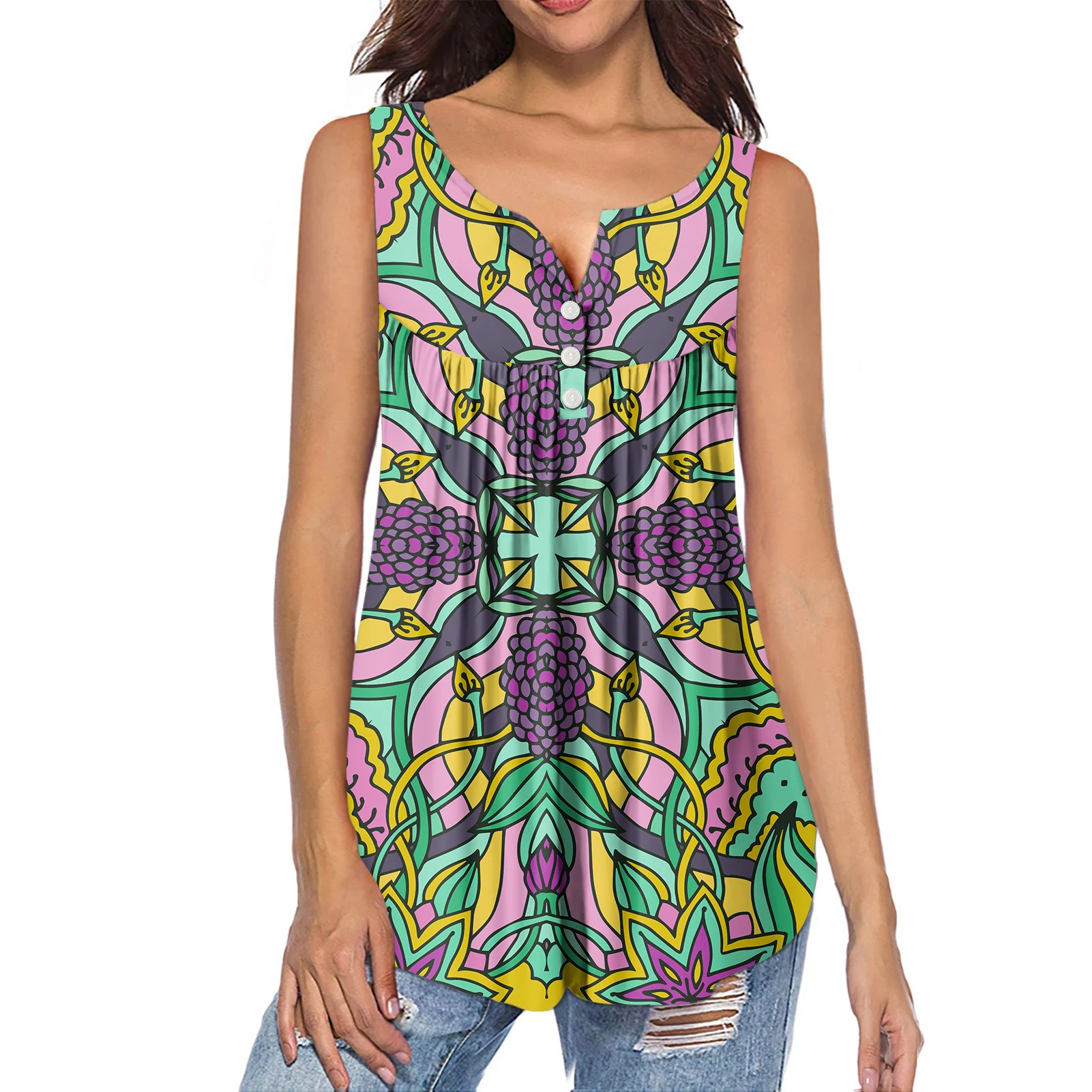 Custom Logo 1 MOQ Purple Tribal Pattern Printing Fashion Round Neck Single Breasted Sleeveless Women Casual Summer T-shirt Tops, Customized color
Custom Logo 1 MOQ Purple Tribal Pattern Printing Fashion Round Neck Single Breasted Sleeveless Women Casual Summer T-shirt Tops, Customized color