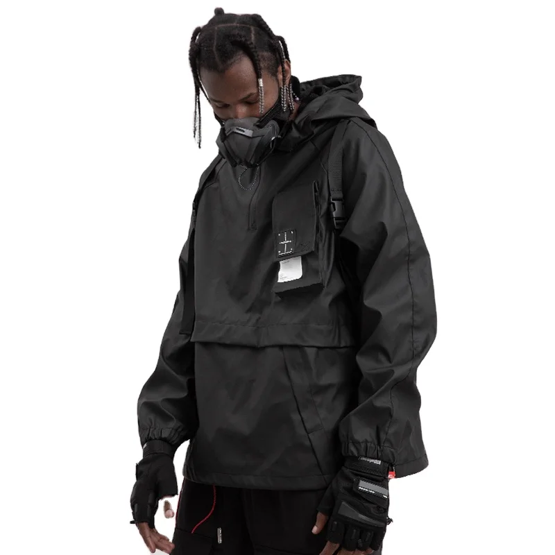 Latest style streetwear hip hop cool black long sleeve pockets draw string hat man jacket
Latest style streetwear hip hop cool black long sleeve pockets draw string hat man jacket