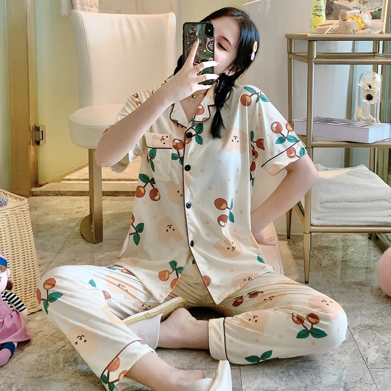 

2020 Korean Sleepwear Pijama Al Por Mayor Pyjamas Short Sleeve Long Pants Plus Size Pajama Women Two Piece Set Nighty For Ladies