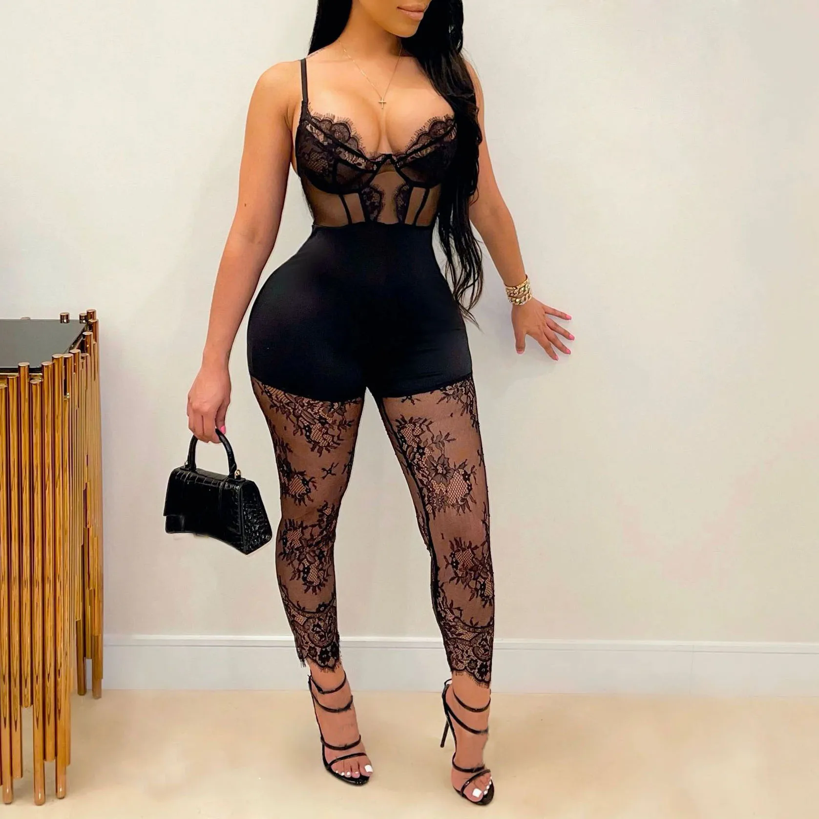 FS3471D Adjustable slim backless see through jumpsuit women mesh lace jumpsuits 
FS3471D Adjustable slim backless see through jumpsuit women mesh lace jumpsuits