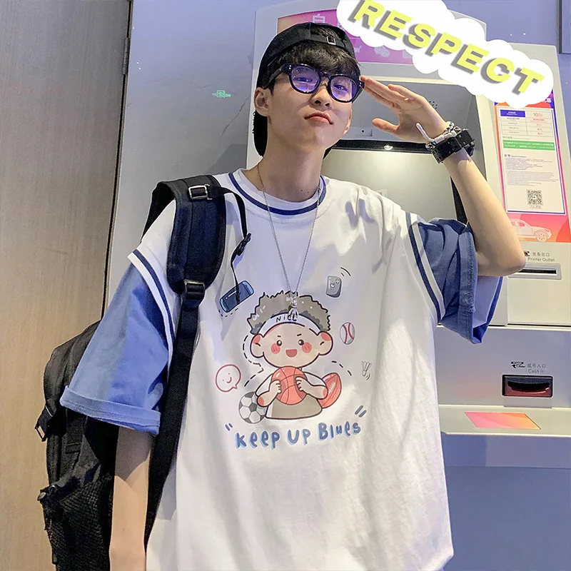 2021 summer new cartoon print fake two-piece short-sleeved T-shirt male stitching contrast half-sleeved T-shirt, White, pink, black, blue
2021 summer new cartoon print fake two-piece short-sleeved T-shirt male stitching contrast half-sleeved T-shirt, White, pink, black, blue