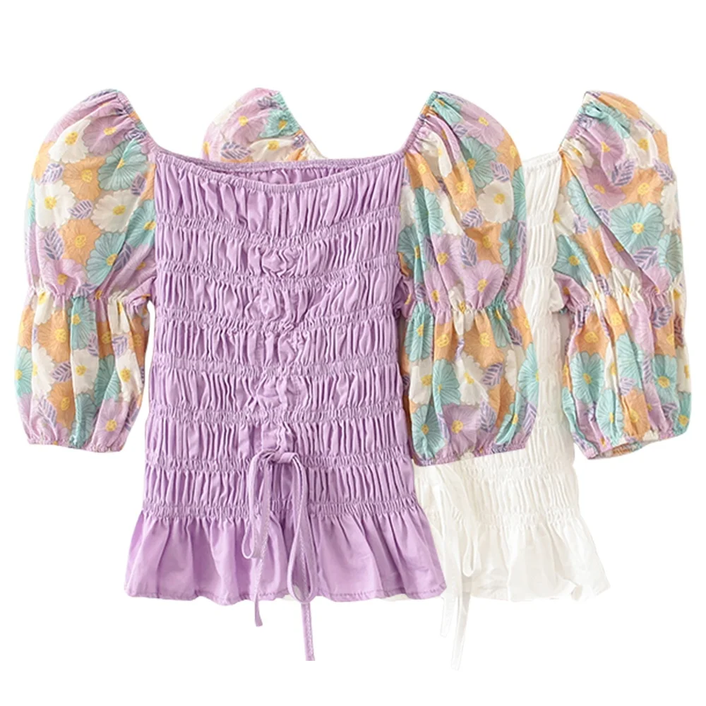 Summer New Slim Waist Blouse Square Neck Patchwork Mesh Puff Sleeve Appliques Elegant Shirt, Purple/white
Summer New Slim Waist Blouse Square Neck Patchwork Mesh Puff Sleeve Appliques Elegant Shirt, Purple/white