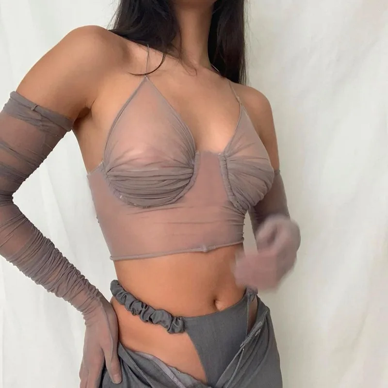 2021 wholesale new spring sexy V neck tie net crop top small vest for women, Picture
2021 wholesale new spring sexy V neck tie net crop top small vest for women, Picture