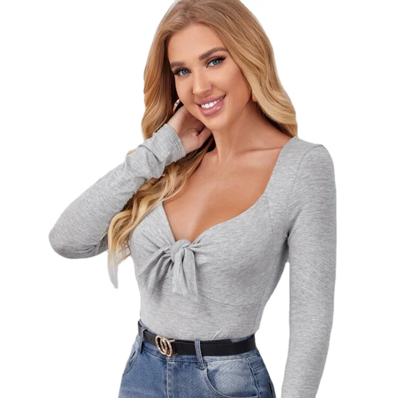 Spring and autumn multi-color grey hot style low chest tie square neck long sleeves ladies base
Spring and autumn multi-color grey hot style low chest tie square neck long sleeves ladies base