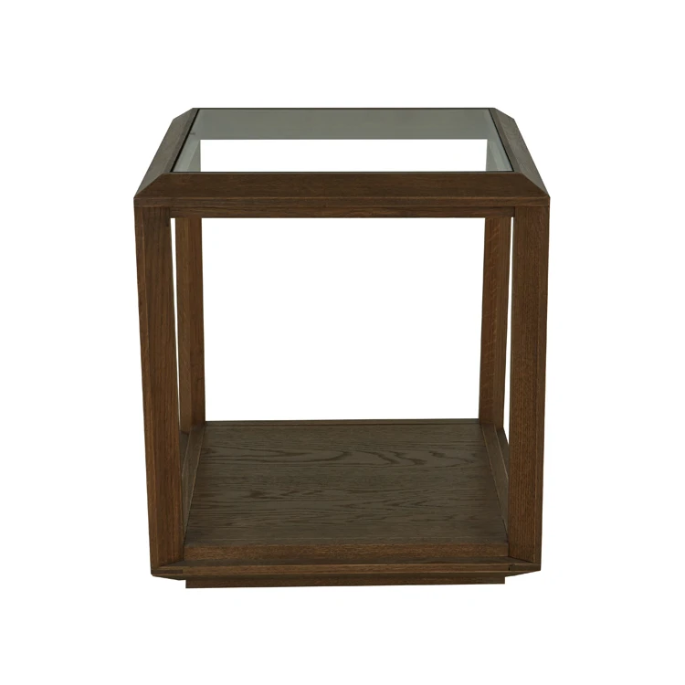 Modern square glass top oak wood end side table