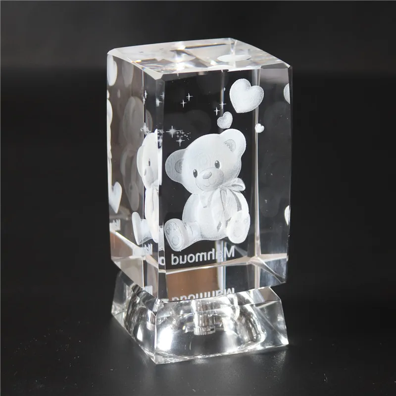 laser engraved crystal teddy bear cube with led light base for